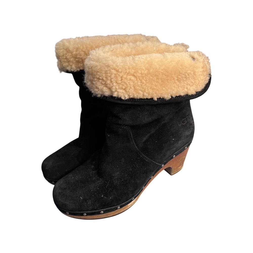 UGG Australia Lynnea Black Suede Shearling Clog Boots Wooden Heel 1955 Size 7